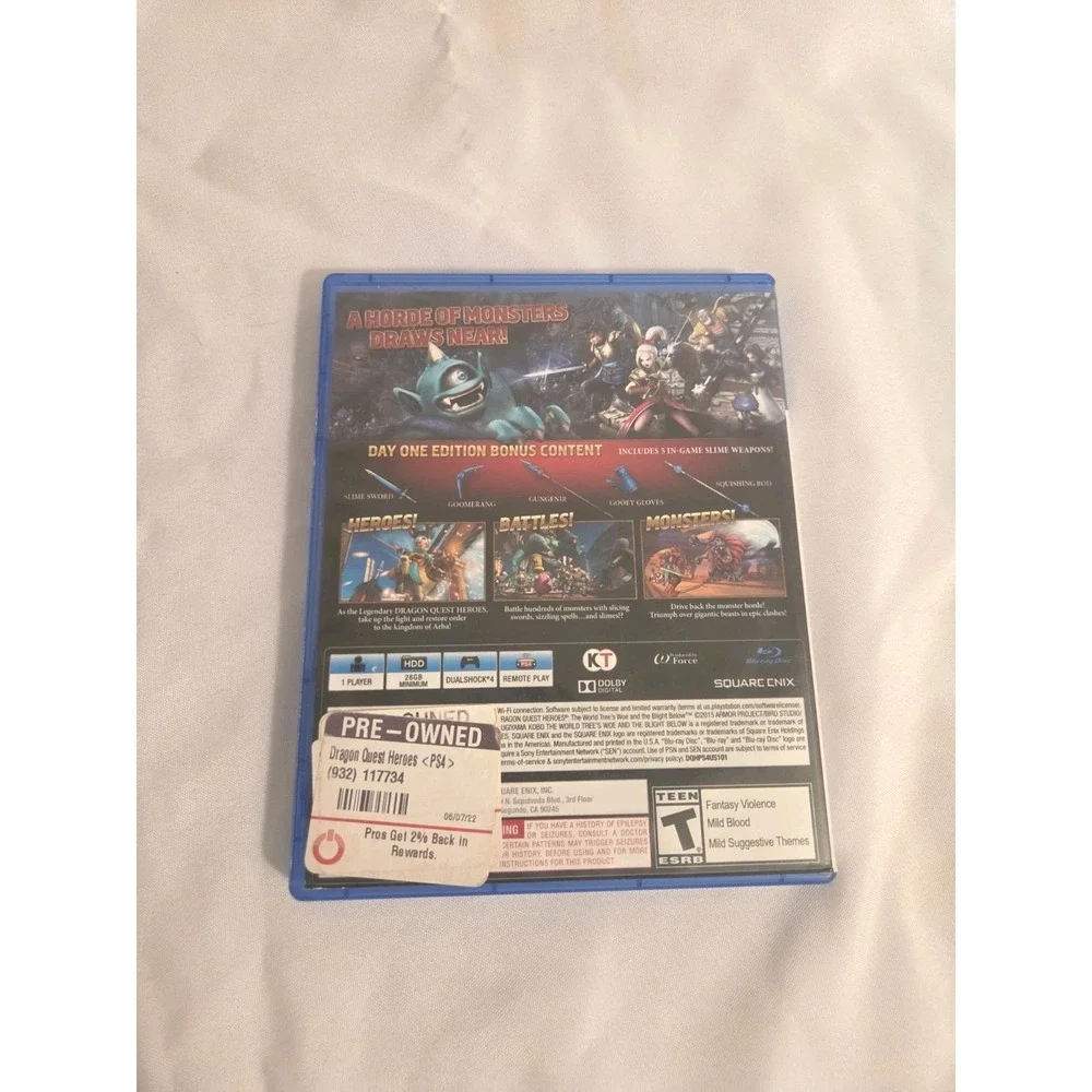 Dragon Quest Heroes: Day One Edition No Manual 2015 PS4 Game Excellent Disc